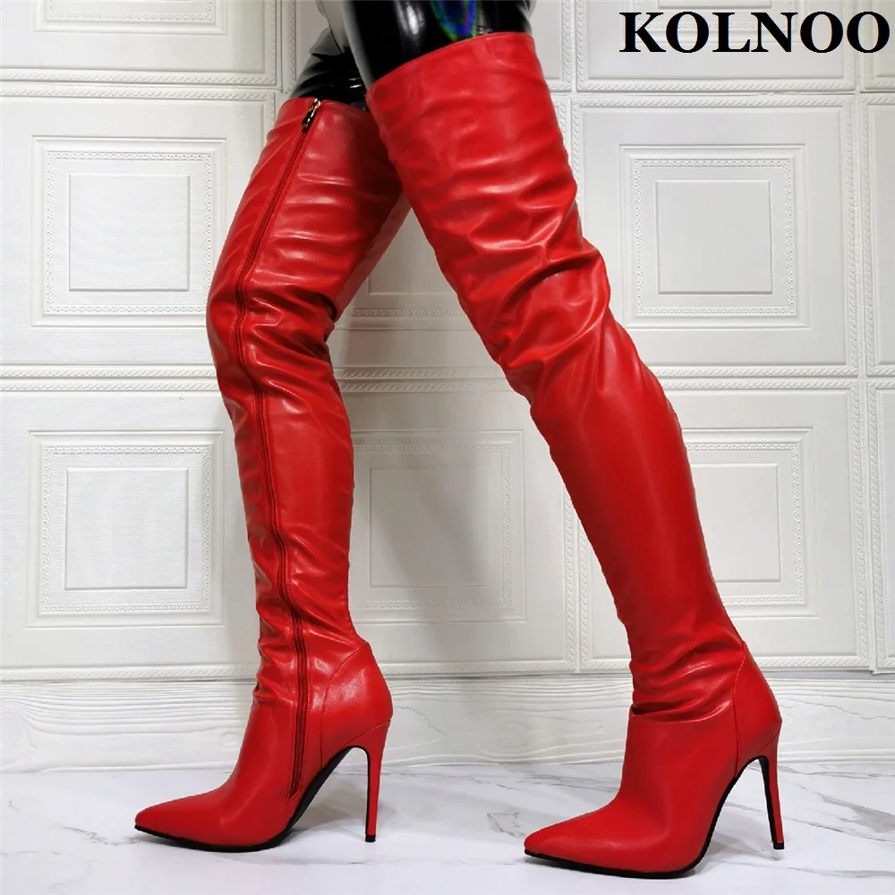 

Женские сапоги выше колена Kolnoo на высоком каблуке, пикантные Классические Вечерние Клубные праздничные высокие сапоги с острым носком, модная зимняя обувь