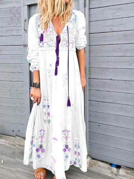 Stylish Drawstring Lace Long Sleeve Dress Bohemian Flower Printed Fashion Long Dresses Big Size 5XL 2020 New