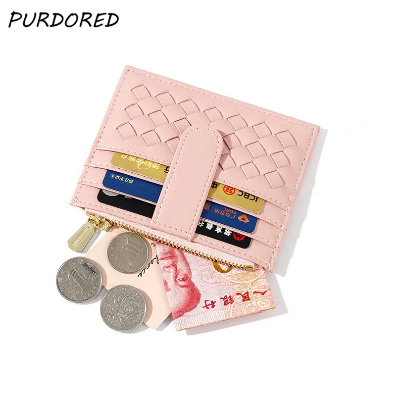 

PURDORED 1 Pc Solid Color Women Card Holder PU Leather Weaving Credit Card Wallet Minimalist Zipper Coin Purse Id Holders Case