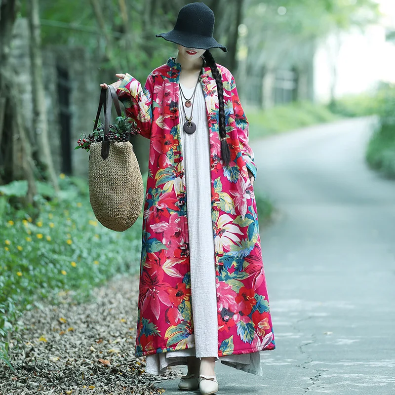 

2019 Winter New Style Ethnic-Style Cotton Linen Printed Long Loose-Fit Brushed And Thick Retro Frog Cotton Overcoat