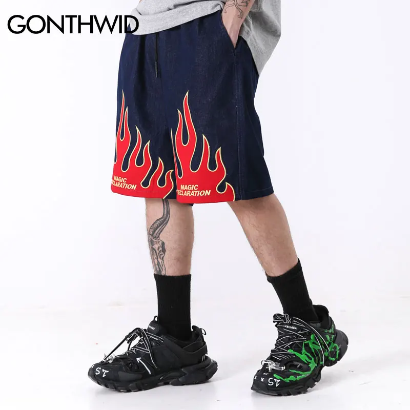 GONTHWID Embroidery Fire Flame Baggy Denim Jean Shorts Streetwear Men Hip Hop Casual Loose Short Jeans Pants Summer Trousers | Мужская