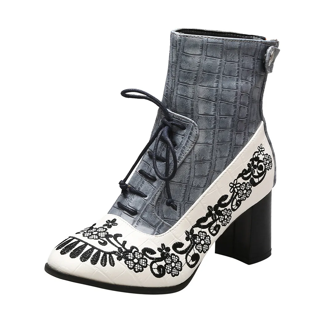 

Women's Boots Fashion Embroidered Booties Side Zipper Embroidery Flowers Lace-Up Shoes For Women Winter Zapatos Mujer #Aug