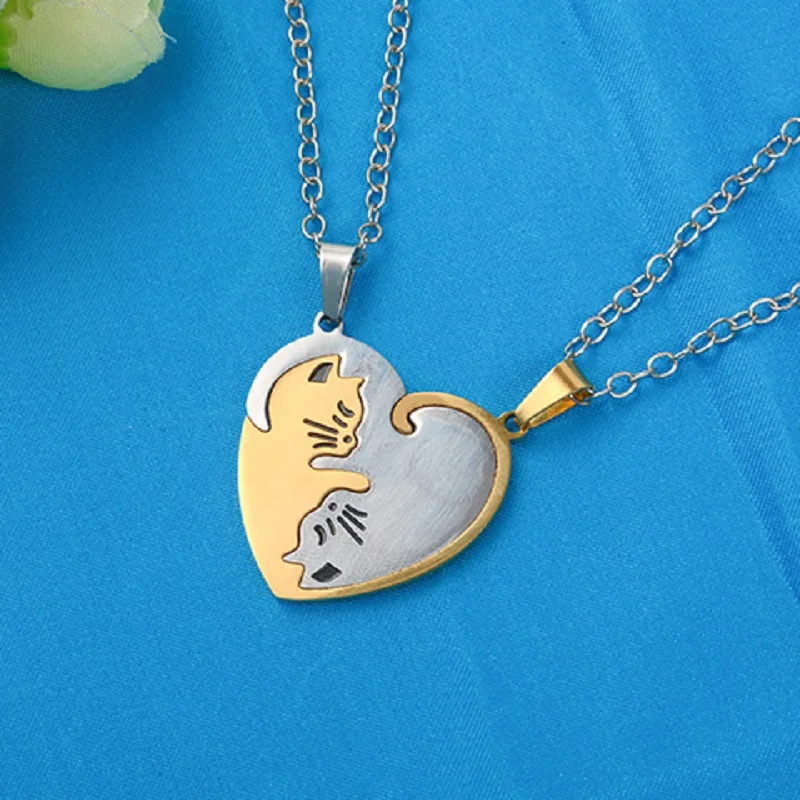 

2Pcs/Set Hand Cut Cat Necklace Animal Cats Pendant Couples Friends Relationship Heart Round Shape Puzzle Necklace Jewelry
