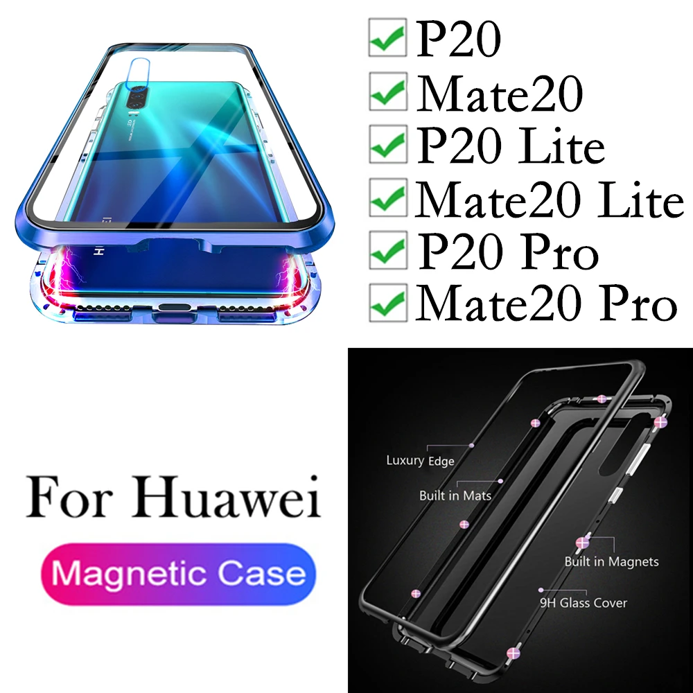 P20 pro lite магнитный металлический чехол для huawei mate20 mate p коврик 20 light 20lite 20pro магнитные Чехлы бампер прозрачная стеклянная задняя крышка