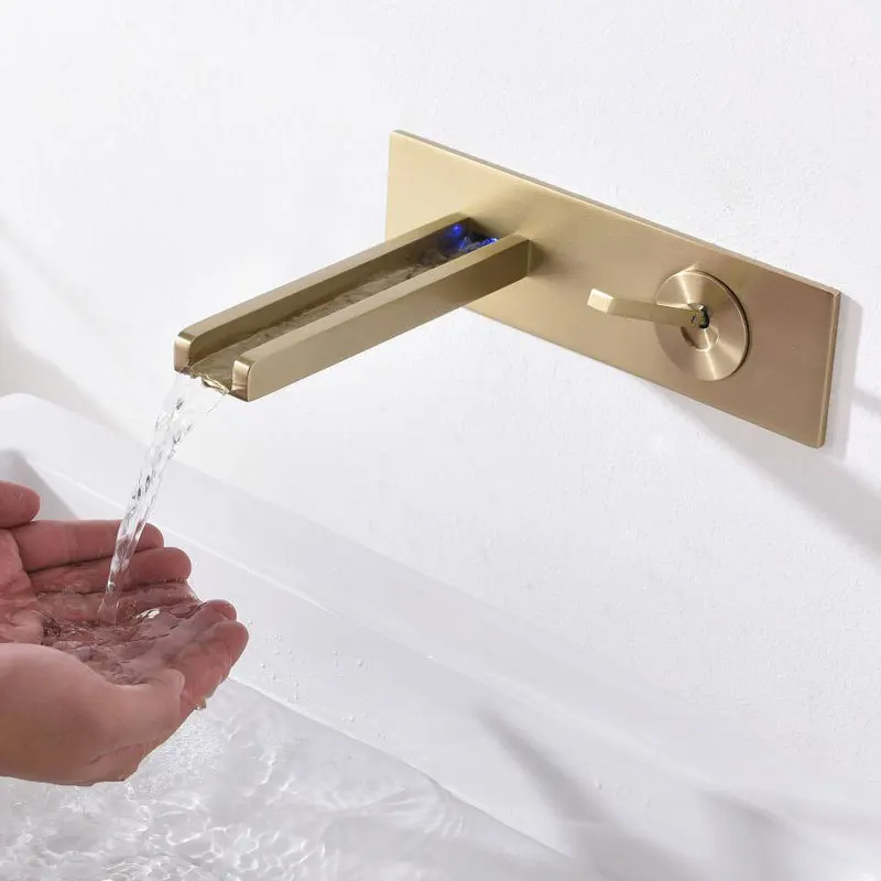 

Brushed Gold Basin Hotel Faucet Cold Heat LED Concealed Wall-in Wash Basin Faucet Set AM1010