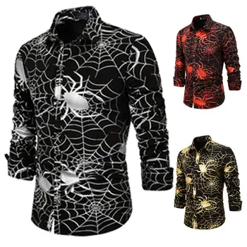 

Mens Halloween 3D Spider Web Print Long Sleeve Button Shirt Casual Lapel Top Blouse Male Fashion Printed Slim Fit Shirts Blouse