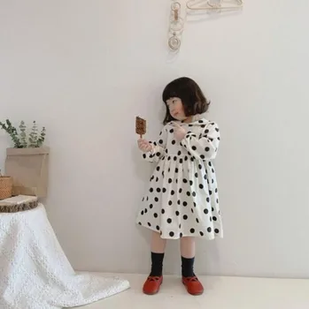 

2020 Infants Spring and Autumn Girls Cotton and Linen Black Round Dot Long-Sleeved Cute Princess Dress Toddler Children Dresses