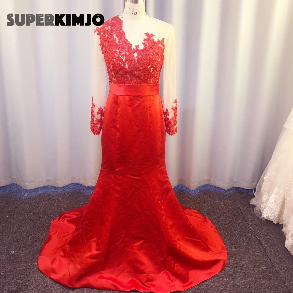 SuperKimJo Vestidos Elegantes красные вечерние платья Длинные Русалка атласные кружева аппликация бисером скромное вечернее платье формальное платье