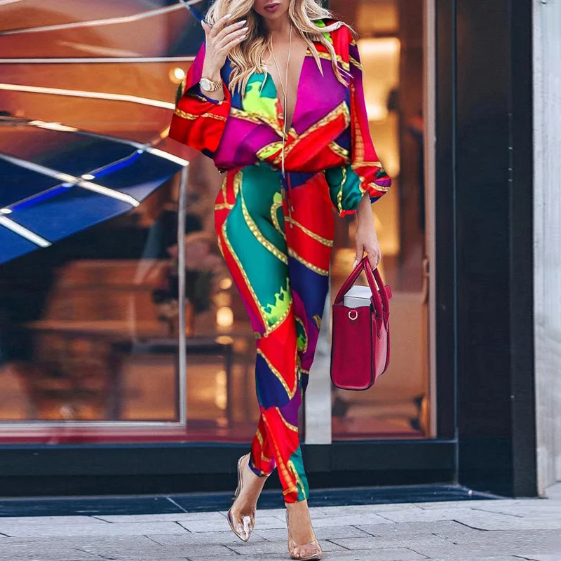 

Colorblock Print Plunge Casual Jumpsuit For Women 2019 Autumn Batwing Sleeve Rompers Womens Jumpsuit Combinaison Femme