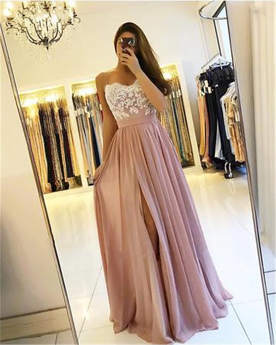 2019 Blush Roze Lange Bruidsmeisjekleding High Side Split Spaghetti A-lijn Applicaties Chiffon Bruiloft Gast Jurk Prom Partij Jassen 2019 Blush Roze Lange Bruidsmeisjekleding High Side Split Spaghetti A-lijn Applicaties Chiffon Bruiloft Gast Jurk Prom Partij Jassen