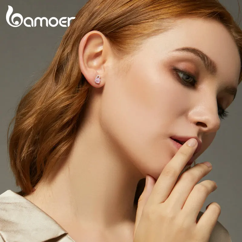 Bamoer 925 пробы Серебряный Мягкий Розовый CZ цветок ключ и замок асимметричные серьги гвоздики для женщин Свадебные модные ювелирные изделия BSE306