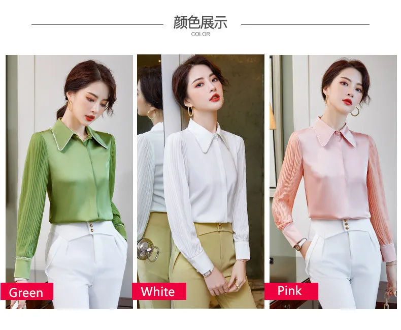 Pink Chiffon White Shirt Women Autumn Long Sleeve Fashion Design Formal Temperament Blouses Office Ladies Casual Work Tops silk blouses