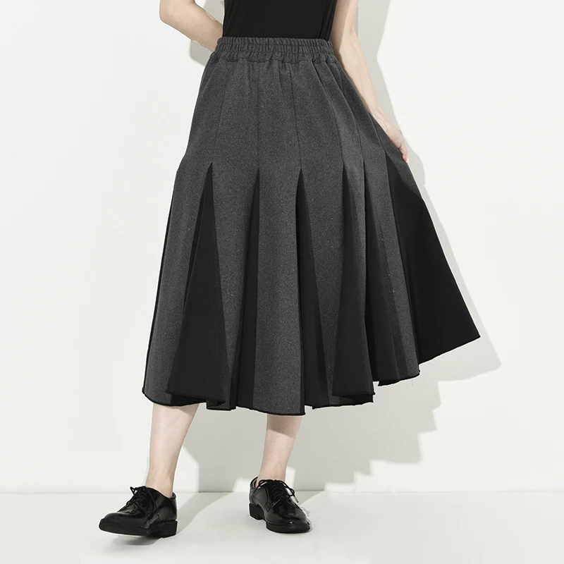[EAM] Серая шерстяная юбка средней длины с высокой эластичной резинкой на талии контрастного цвета, Женская модная новая весенне-осенняя коллекция, 1D7540