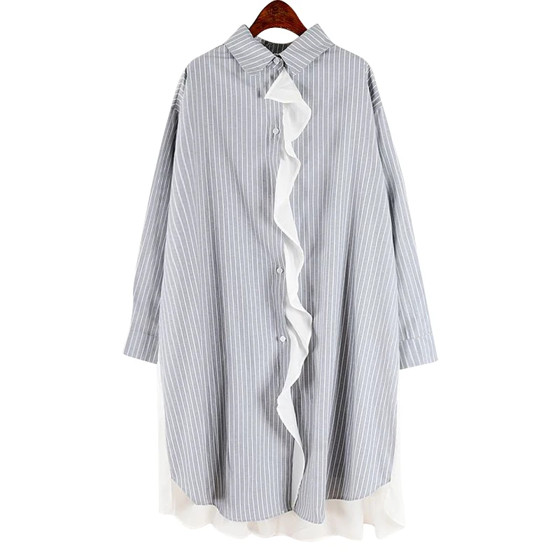 

[EWQ] 2019 Spring Summer New Pattern Stand Collar Long Sleeve Striped Patchwork Ruffles Single Breasted Shirt Women AH04205
