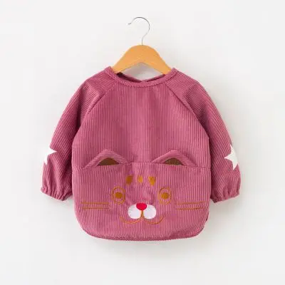 Boy Girl Cartoon Feeding Bibs Baby Extra Soft Natural Cotton Bibs Children Warming Corduroy Drawing Anti-dirty Long Sleeve Apron - Цвет: Wine Red