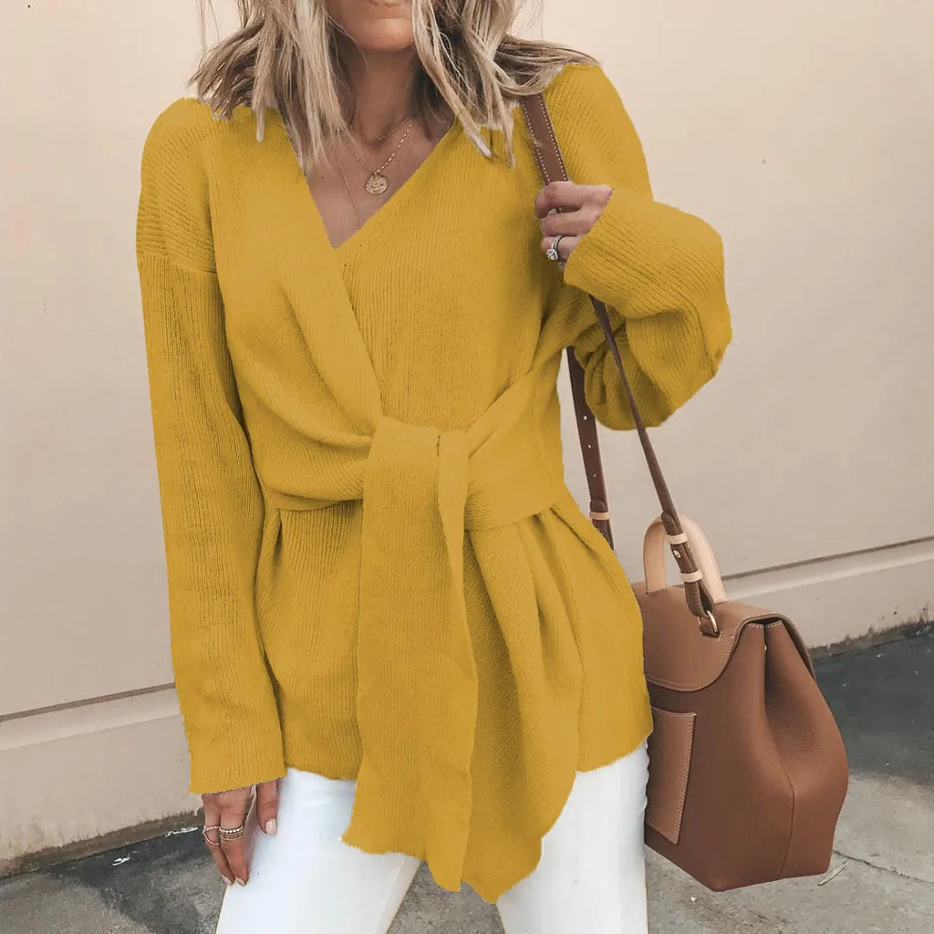 Цвет: желтый SAGACE Sexy V-Neck Lace-up Women Long Knitted Pullovers Sweater Tops Warm Sweater Tops Blous High Quality Casual Ladies Sweater - Цвет: Цвет: желтый
