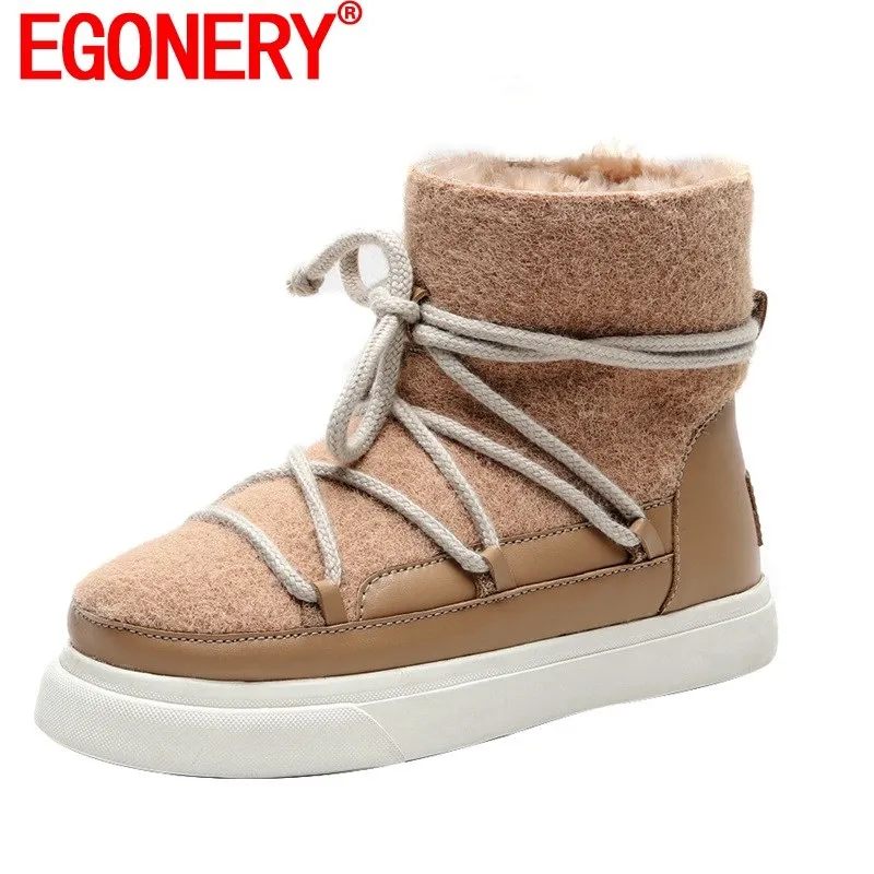 EGONERY Cute Wool Snow Boots 2020 Winter Fashion Women's Flats Shoes Pink Apricot Black 34-42 Plus Size Ankle Boots Dropshipping