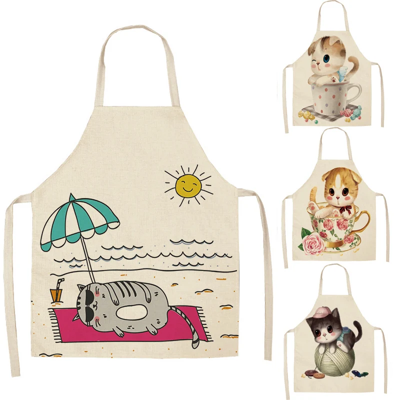 

Cat Animals Printed Kitchen Aprons for Women Kids Sleeveless Dolphin Elephant Cotton Linen Bibs Cooking Baking Cleaning Tools