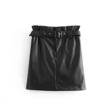 Стильная однотонная кожаная юбка для девочек в байкерском стиле; Новинка года; Модная элегантная прямая юбка с поясом и оборками в стиле ретро