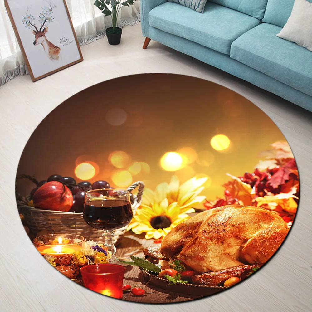 Country Autumn Living Room Decoration Round Carpet Thanksgiving Roast Turkey Painting Kitchen Rug Non-slip Door Mat Floor | Дом и сад