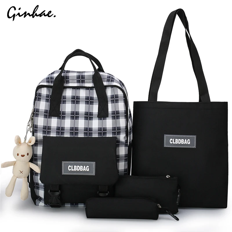 

4Pcs/set Women School Backpacks For Teenage Girls Large Capacity Waterproof Nylon Backpack Preppy Style Plaid Travel Bag Mochila