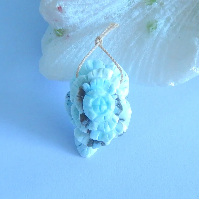 

Natural stone Larimar Carved flower fashion jewelry necklace Pendant,36x25x20mm,15.4g