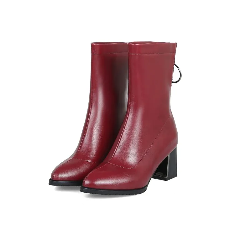 winter The New fashion Round head Thick heel Martin boots Back zipper Sexy pearl Plus velvet Keep warm High heel Women boots - Color: Wine Red