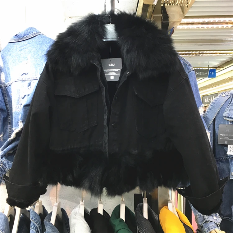 Зимняя новая Корейская Плюс Толстая Лисий меховой воротник джинсовая куртка женская черная джинсовая куртка