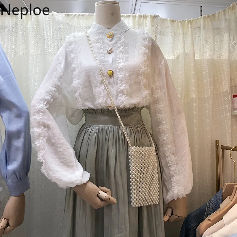 

Neploe Korean Elegant Lace Chiffon Shirt Fashion Stand Collar Patchwork Femme Blouse Loose Wild Thin Fairy Blusas Autumn 45824