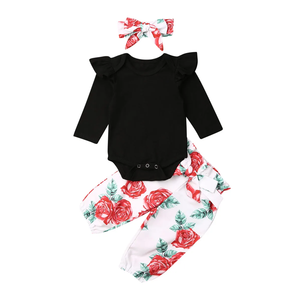 Черный Комплекты одежды из 3 предметов с цветочным принтом для новорожденных девочек от 0 до 24 месяцев комбинезон с длинными рукавами, топы, штаны с цветочным принтом повязка на голову - Цвет: Черный