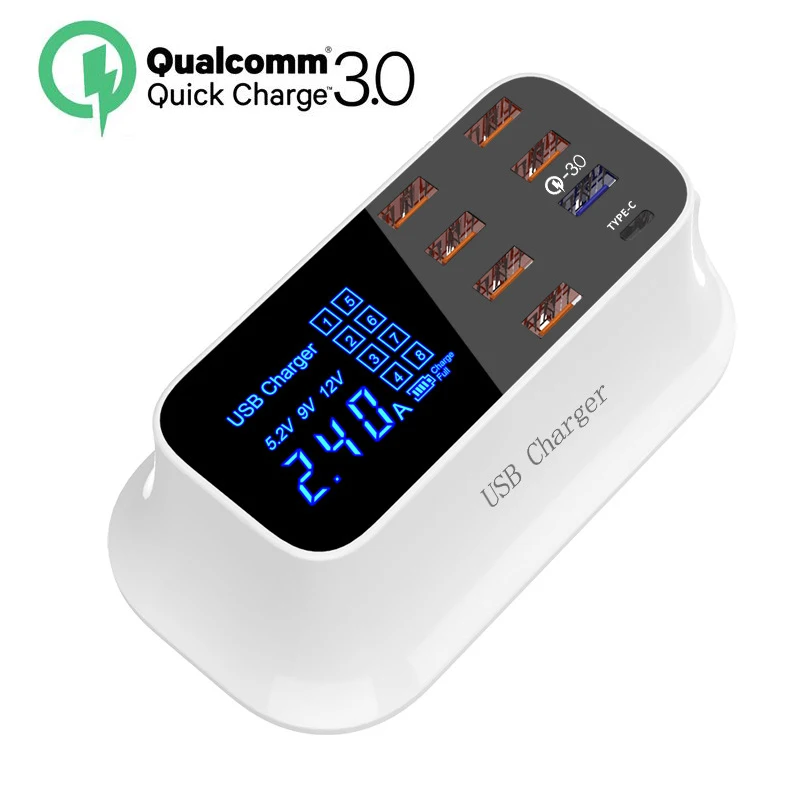 

8port USB Charger with Type-c Output Universal Mobile Phone Charger with Display for Xiaomi Samsung S8 S10 IPhone 6 6s 7 8 Plus