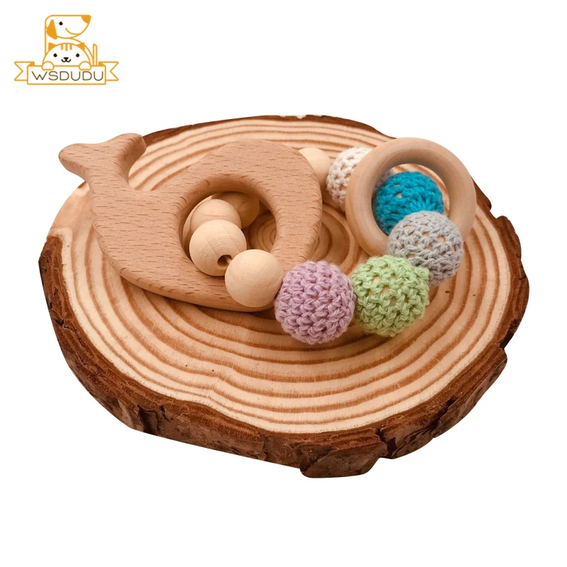 Ideal  Teethers Wooden Baby Toys Heart Star Whale Camera Wool Knitting Beads Wood Molar Teeth Rattle Safe 