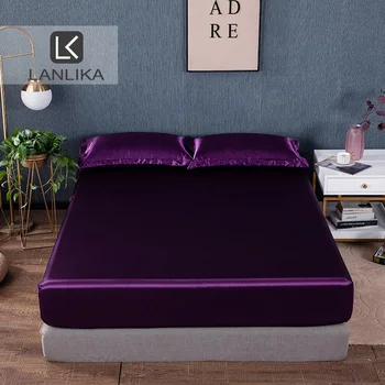 

Lanlika 1PCS Hot Sale Luxury Satin Silk Purple Fitted Sheet Mattress Cover Elastic Rubber Band Printed For Women Men Bed Sheet