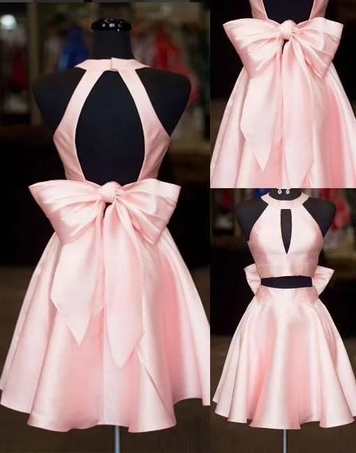 

Elegant Short Satin Two Pieces Homecoming Dresses with Pockets Bow Back Knee Length Pink Robes de Soirée for Women