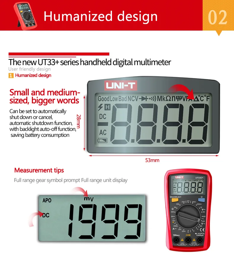 Uni-t Цифровой мультиметр UT33A+ автоматический диапазон напряжения Измеритель сопротивления тока lcd AC DC+ 2mF емкость бесконтактный Тестер Напряжения подсветка