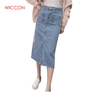 

New Style Women Casual Straight Denim Midi Skirt Spring Summer With Pocket Slit High Waist Mid-Calf Femininas Skirts