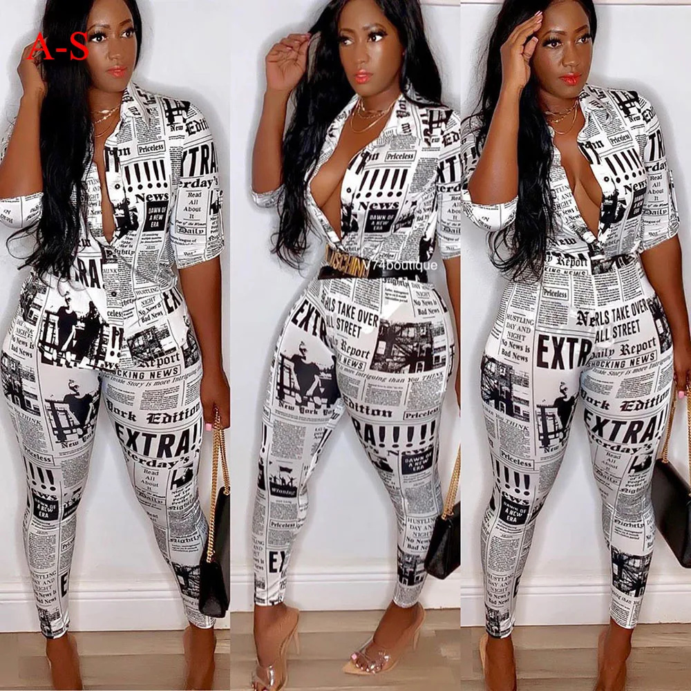 

Europe and America 2019 New Long Sleeve Newspaper Print Shirt Set Women Jumpsuit Sexy Ladies Jumpsuits Outfits