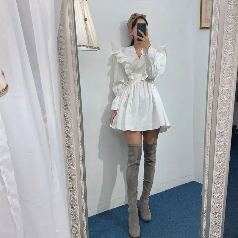 Gaganight韓国ファッション女性ミニショートフリルドレス長袖vネックソリッドドレスシックな夏春vestidosスリム ドレス Aliexpress