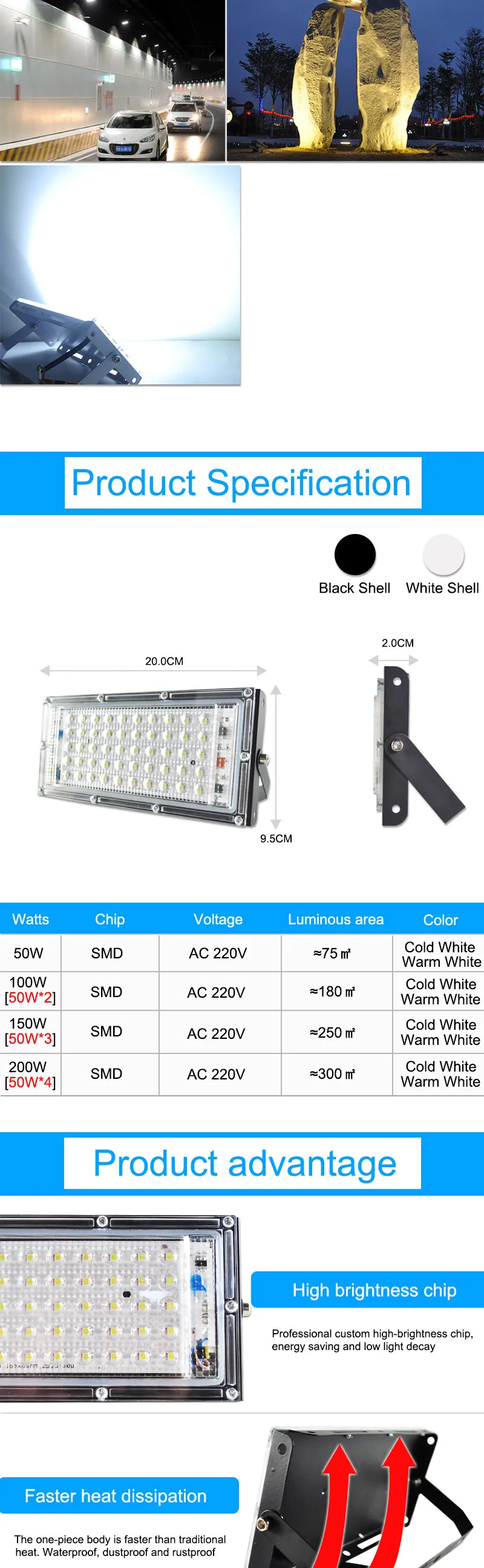 = K) = IP65 удаленный многоцветной RGB Светодиодный прожектор светильник 50W 100W 200W Светодиодный прожектор светильник переменного тока 220V LED пятно света Светодиодный светильник Водонепроницаемый открытый светильник Инж