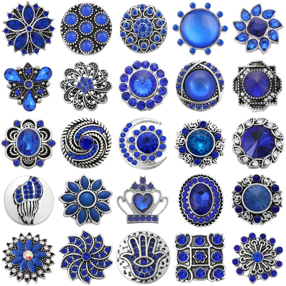 5pcs/lot Wholesale Snap Jewelry Blue Rhinestone 18mm Snap Buttons for Snap Bracelet Bangle Interchangeable Jewelry