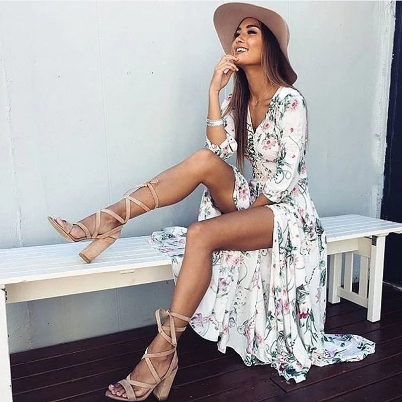 Floral Printed with Belt Summer Bohemian Beach Dress Summer Streetwear Maxi Women Long Vestidos Verano