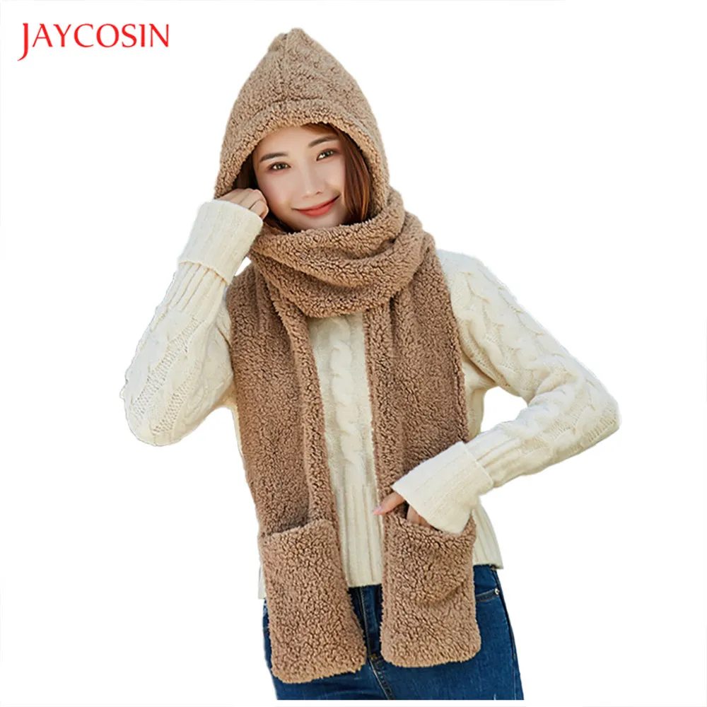 Joycosin, зимние женские милые шапки, толстая шапка, защита для ушей, теплая плюшевая шапка, шарф, перчатки, набор, Флисовые женские шапки с карманом