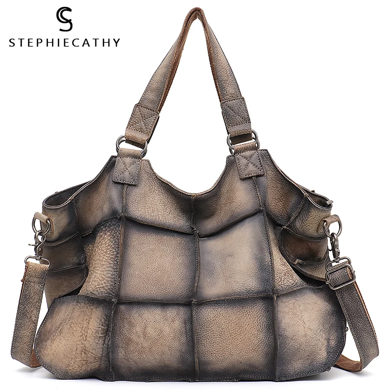 

SC Large Vintage Real Leather Women Shoulder Bags Ladies Brand Design Leather Patchwork Tote Female Big Retro Crossbody Handbags