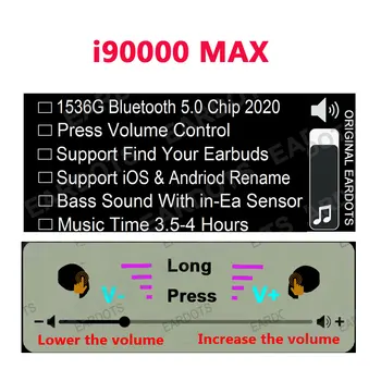 

Original i90000 MAX TWS wireless Bluetooth 5.0 Earphone wireless headset 8D Slide volume control PK i5000 i90000 Pro TWS 1:1
