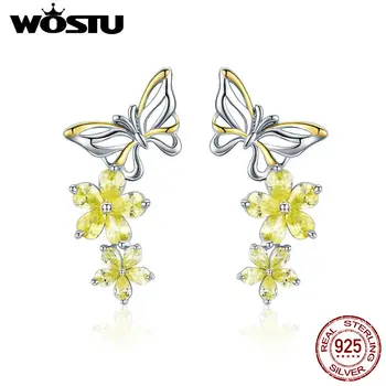 

WOSTU 925 Sterling Silver Dangle Earrings Decorative Butterflies Flower Golden CZ Drop Earrings For Women Shine Jewelry CTE064