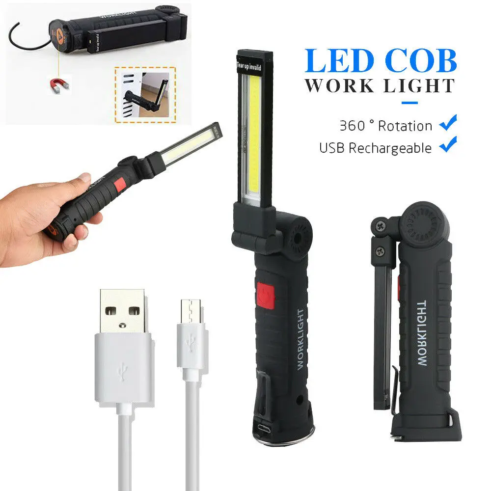 Magnetic COB LED Slim Work Light USB Rechargeable Lamp Flashlight Folding Torch 