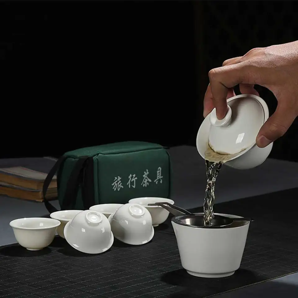 Squiso Set da tè Gaiwan da viaggio in ceramica, infusore in porcellana, tazze da tè Kungfu, tazza condivisa e tappetino, portatile per Hotel all'aperto aziendale  15
