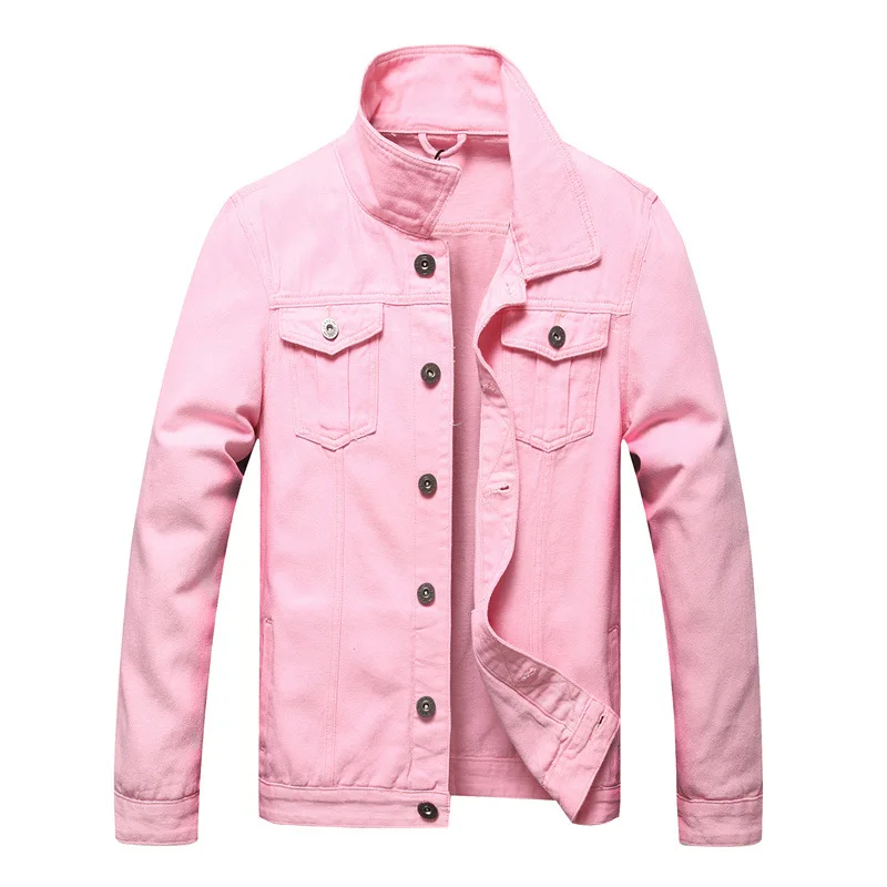 Men Pink Denim Jacket Casual Button 