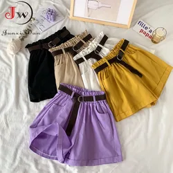 FAKUNTN – Short élégant taille haute pour femmes, pantalon court décontracté, couleur unie, jambes larges, en coton, avec ceinture, style coréen, collection été 2021 