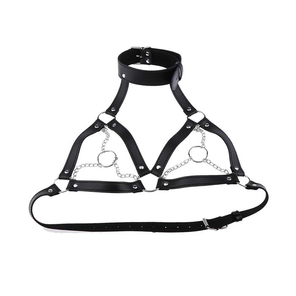 Sexy Black Leather Gothic Cage Bra with Metal Rings and Chain Body Harness Bralette Strap Costume Lingerie for Women